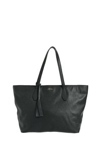 Sac en cuir noir avec une finition texturée, doté de deux longues poignées et d'un accent en frange. Design simple et spacieux.