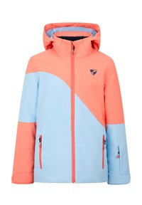 Giacca colorata con design corallo e azzurro chiaro, cappuccio, tasche con zip e tessuto testurizzato per uso all'aperto.