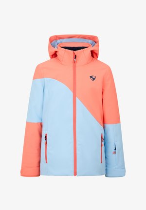 Kleurrijke jas met een koraal en lichtblauw ontwerp, capuchon, ritszakken en textiele stof voor buitengebruik.