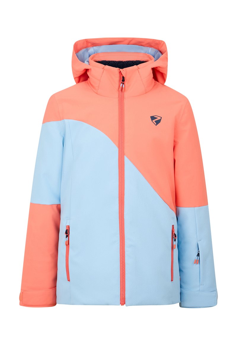 Giacca colorata con design corallo e azzurro chiaro, cappuccio, tasche con zip e tessuto testurizzato per uso all'aperto.