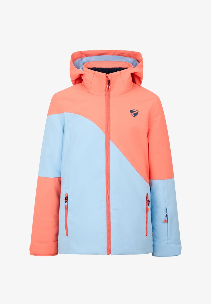 Giacca colorata con design corallo e azzurro chiaro, cappuccio, tasche con zip e tessuto testurizzato per uso all'aperto.