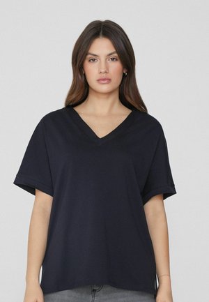Navy blue V-neck T-shirt made of soft fabric, featuring short sleeves, a relaxed fit, and rolled sleeve cuffs. No patterns or embellishments.