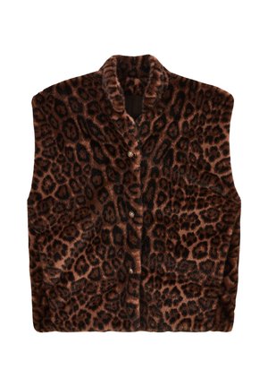 Gilet en imprimé léopard, en fausse fourrure, motif marron et noir, col, fermeture à boutons, sans manches, texture douce.
