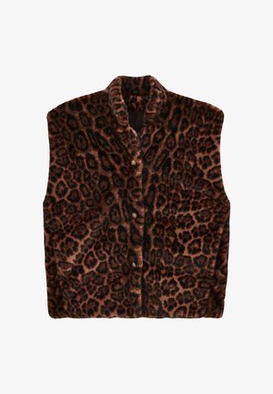 Leopard print vest, faux fur material, brown and black pattern, collared neckline, button closure, sleeveless design, soft texture.