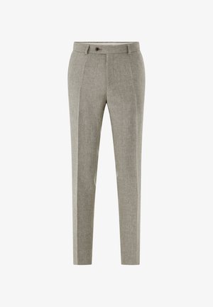 Slim-fit beige linen trousers with belt loops, front crease, and button closure at the waist.