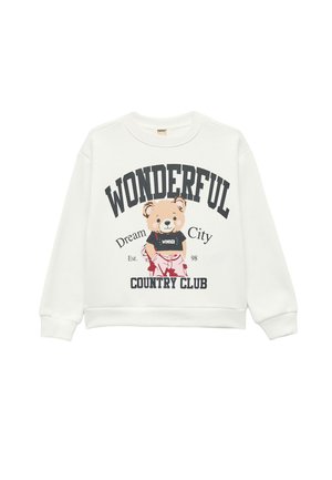 Felpa bianca con scollatura rotonda, caratterizzata da una grafica di un orso che indossa una maglietta nera. Il testo recita “WONDERFUL,” “Dream City,” e “COUNTRY CLUB.”