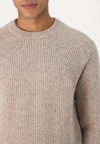 Beige, ribbed knit sweater with a crew neck and raglan sleeves. The texture is soft with a speckled pattern in darker tones.