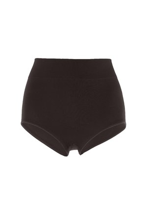 Sorte højtaljede trusser lavet af et glat stof, med et bredt elastisk taljebånd og en sømløs design for komfort.