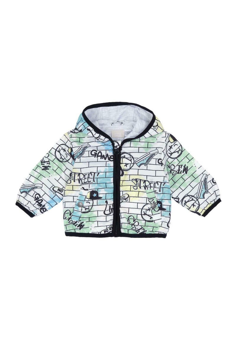 Chaqueta con capucha de tejido ligero, con una base blanca y patrones de graffiti coloridos, detalles en negro y cierre frontal de cremallera.