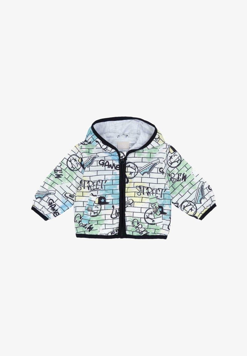 Chaqueta con capucha de tejido ligero, con una base blanca y patrones de graffiti coloridos, detalles en negro y cierre frontal de cremallera.