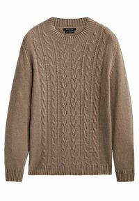 Brauner Kabelstrick-Wollpullover mit langen Ärmeln, gerippten Bündchen und geripptem Rundhalsausschnitt.