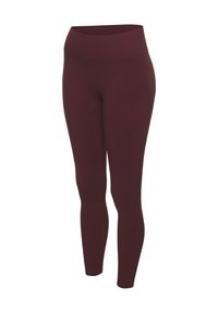 Burgundy leggings made of stretchy fabric, featuring a high waistband and a smooth, textured surface, without any patterns or embellishments.