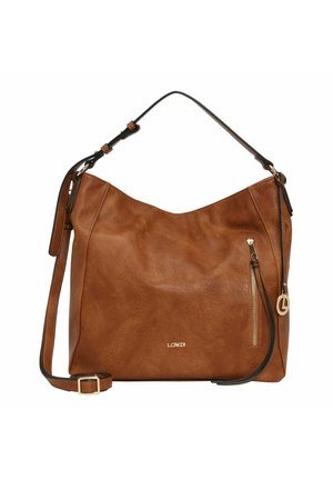 Braune Ledertasche mit schlaffem Design, ausgestattet mit einer Reißverschlusstasche, verstellbarem Tragegurt und einem goldenen Logoakzent.