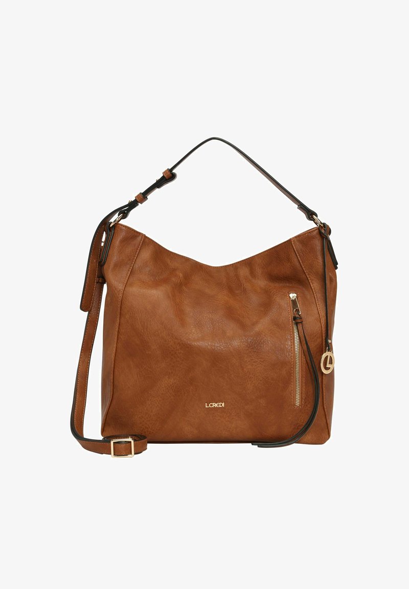 Bruine leren schoudertas met een slouchy ontwerp, voorzien van een ritsvak, verstelbare schouderband en een gouden logoaccent.