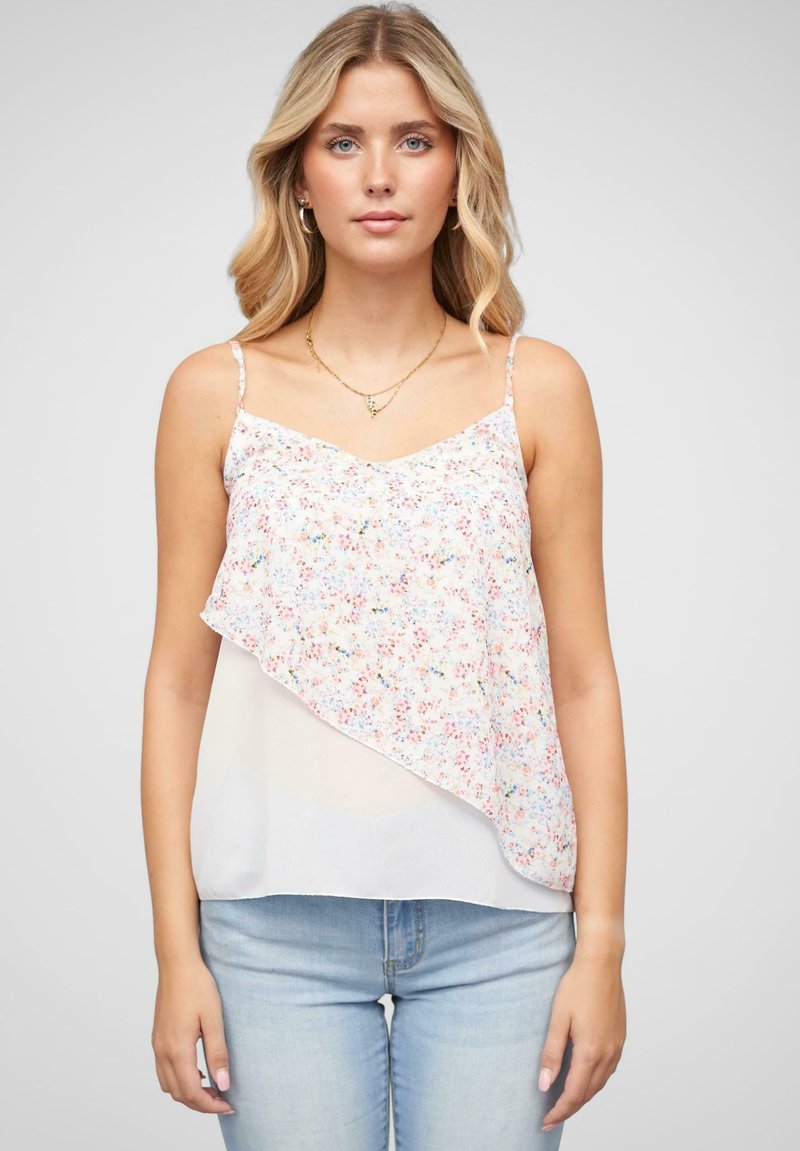 Leichtes ärmelloses Top mit floralem Muster in zartem Rosa, mit einem mehrlagigen Design und V-Ausschnitt, ausgestattet mit verstellbaren Schulterträgern.