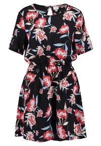 Blumenkleid mit schwarzem Grund, kurzen Ärmeln, elastischem Bund und einem Schlüsselaugen-Rücken. Mit roten und rosa Blumen und grünen Blättern.