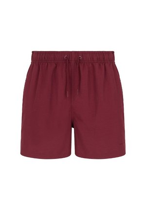 Burgundowe szorty z elastycznym pasem, detalami ze sznurkiem i gładką teksturą. Klasyczny design bez dodatkowych wzorów czy akcentów.