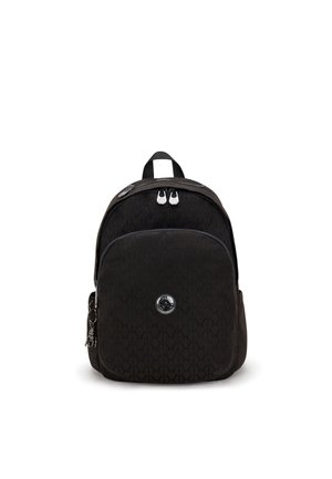 Black backpack with front zip pocket, subtle geometric pattern, silver zippers, round brand logo, and side keychain holder.