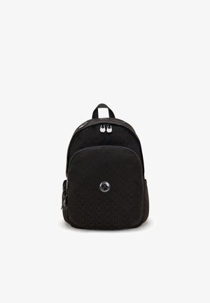 Black backpack with front zip pocket, subtle geometric pattern, silver zippers, round brand logo, and side keychain holder.