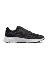 Chaussure de course Nike noire et blanche avec empeigne en mesh, semelle blanche amortie et détails de design cousus sur les côtés et la zone des orteils.
