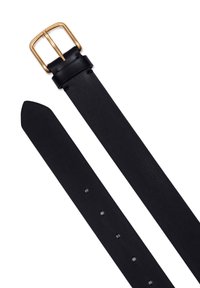 Ceinture en cuir noir avec une boucle en métal doré, texture lisse, et plusieurs trous réglables le long de la sangle.