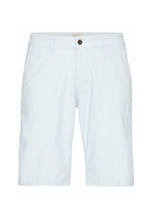 Helle blaue Baumwollshorts mit geradem Schnitt, Knopfverschluss und Fronttaschen. Sie verfügen über eine glatte Textur und ein sauberes Design ohne Muster.