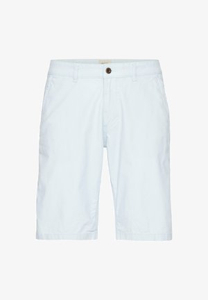 Helle blaue Baumwollshorts mit geradem Schnitt, Knopfverschluss und Fronttaschen. Sie verfügen über eine glatte Textur und ein sauberes Design ohne Muster.