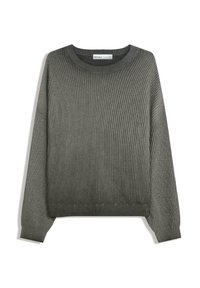 Pull en maille côtelée grise avec un col rond et des manches longues, présentant une coupe décontractée et une texture subtile sur toute la surface.