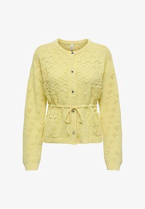 Megztas šviesiai geltonos spalvos kardiganas su tekstūriniais raštais, ilgomis rankovėmis ir diržu su kaklaraiščiu. Turi sagų užsegimus ir dekoratyvius akcentus.