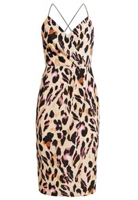 Leopard print dress featuring a fitted silhouette, cross-back straps, and a knee-length hem. Made from a smooth, lightweight fabric.