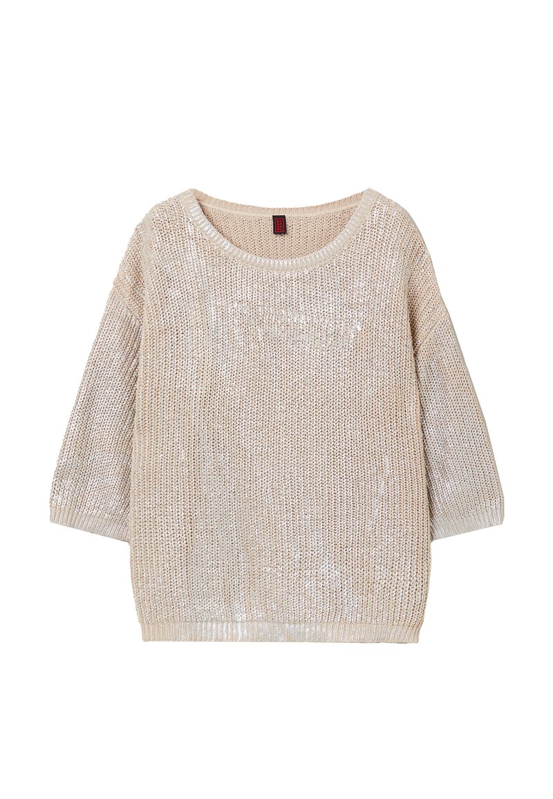 Strickpullover in hellem Beige mit lockerer Passform, weitem Ausschnitt und Ärmeln bis zum Ellbogen. Verfügt über ein strukturiertes, schimmerndes Muster über das gesamte Kleidungsstück.