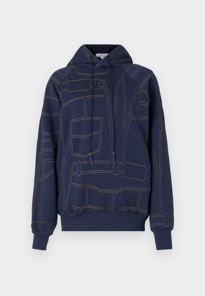 Navy blue hoodie in soft fabric featuring contrasting gold stitching in geometric patterns. Includes a drawstring hood and ribbed cuffs.