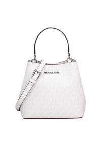 Sac à main blanc Michael Kors avec ferrures argentées, présentant une forme structurée, une bandoulière ajustable et un motif monogramme discret.
