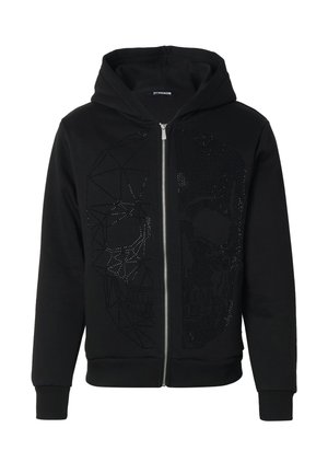 Sweat à capuche noir zippé, avec un motif subtil de crâne géométrique et ponctué à l’avant.