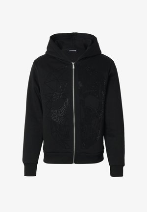 Must kapuutsiga lukuga dressipluus, millel on ees peen geomeetriline ja täpiline kolbaluu kujundus.