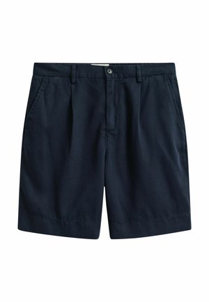 Marineblaue, maßgeschneiderte Shorts mit Knopfverschluss, Gürtelschlaufen und Seitentaschen, auf weißem Hintergrund präsentiert.