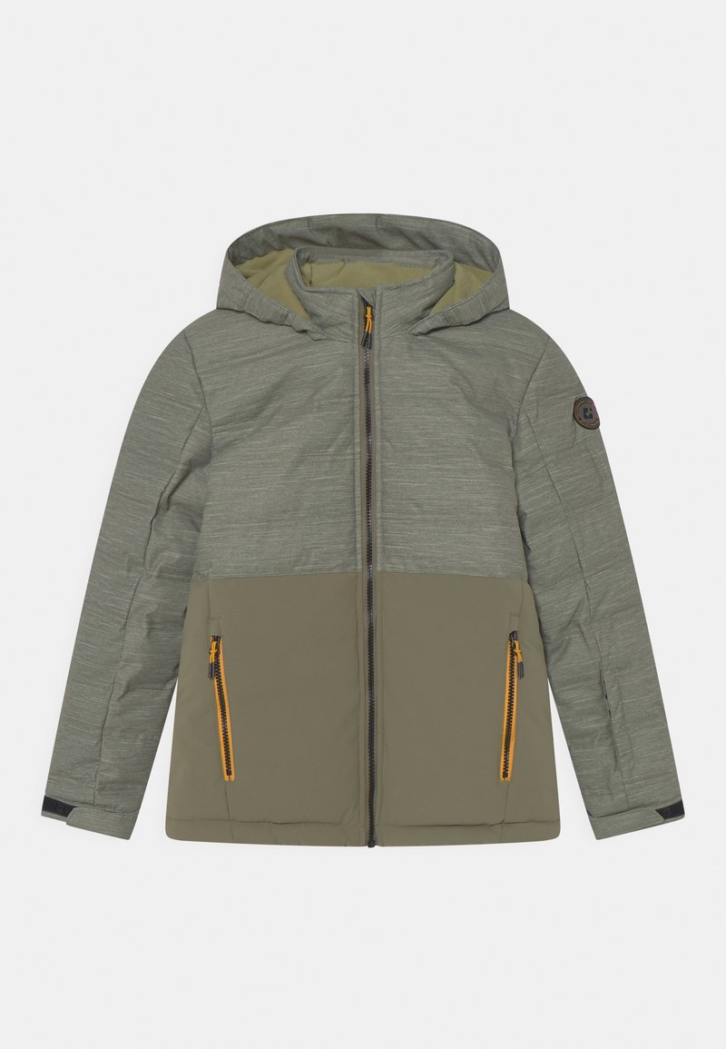 Veste bicolore verte à capuche avec fermeture éclair intégrale à l’avant, manches longues, poignets ajustables et deux poches avant zippées avec des accents orange.