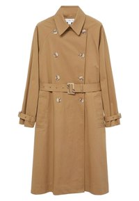 Trench-coat beige croisé avec col large, taille ceinturée, poignets boutonnés et poches latérales.