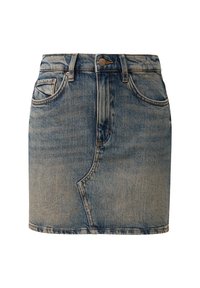 Jeans-Minirock in Hellblau mit einem verblassten Finish. Verfügt über zwei vordere Taschen, einen Bund und einen Knopfverschluss. Abgenutzte Details betonen die Textur.