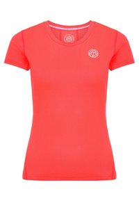 Lyhythihainen urheilupaita kirkasta korallia, valmistettu hengittävästä kankaasta, jossa on teksturoitu pinta. Edessä on logo rinnan kohdalla.