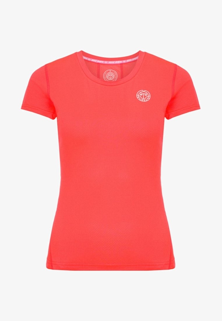 Krátký rukáv sportovní tričko v jasně korálové barvě, vyrobené z prodyšného materiálu s texturovaným povrchem. Má logo na hrudi.