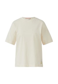 T-shirt à manches courtes de couleur crème en coton. Présente un col rond et un petit graphique coloré près de l'ourlet.