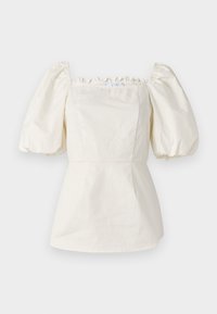 Bluză albă din bumbac cu mâneci scurte tip puff, decolteu pătrat și detalii evazate. Bust strâmt cu o margine de tip peplum.