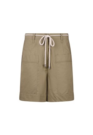 Pantaloni corti khaki con una consistenza liscia, dotati di vita con cordoncino, due tasche frontali e orli risvoltati.