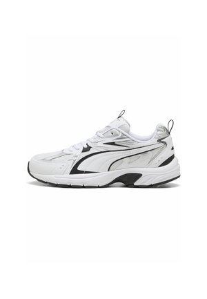 White and black athletic sneaker with mesh and leather detailing, lace-up closure, and thick cushioned sole on a white background.