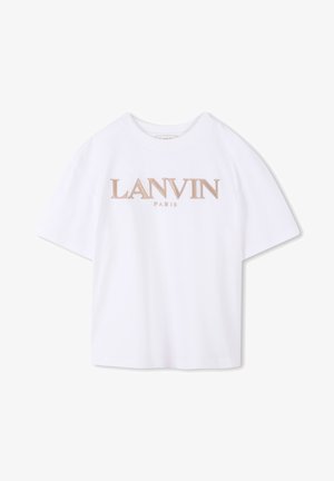 Bela majica s kratkimi rokavi in okroglo ovratniku, v oversize kroju, ki na sprednji strani prikazuje vezeno oznako "LANVIN PARIS" v bež barvi.