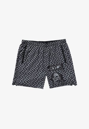 Zwart en grijs gemusterde zwembroek met een elastische tailleband, trekkoord, zijzakken en een grafische print met een doodshoofd ontwerp.