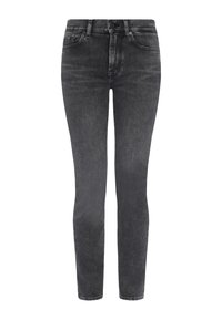 Strakke jeans in donkergrijs denim, met een middelhoge taille, klassieke vijf-pocket stijl en subtiele vervaging voor textuur.