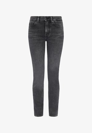 Skinny jeans in dark gray denim, featuring a mid-rise waist, classic five-pocket design, and subtle fading for texture.