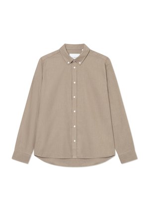 Beige long-sleeve button-up shirt with a pointed collar, front buttons, and a rounded hem. Textured fabric with subtle sheen.